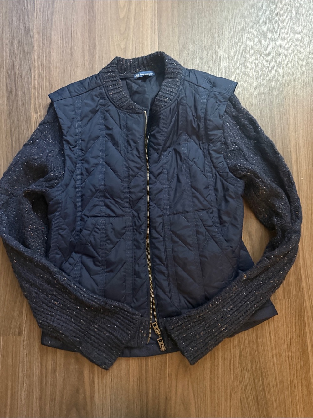 Democracy Quilted Navy Bomber Jacket with Knit Sleeves